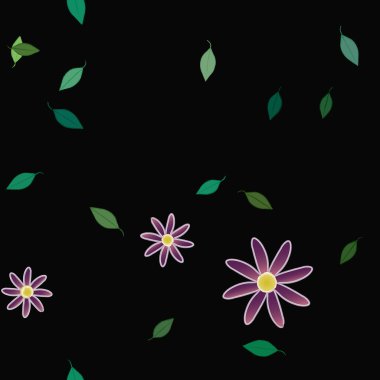 Basit renkli çiçeklerle kusursuz desen ve duvar kağıdı için yeşil yapraklar, vektör illüstrasyonu