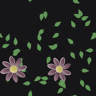 Basit renkli çiçeklerle kusursuz desen ve duvar kağıdı için yeşil yapraklar, vektör illüstrasyonu