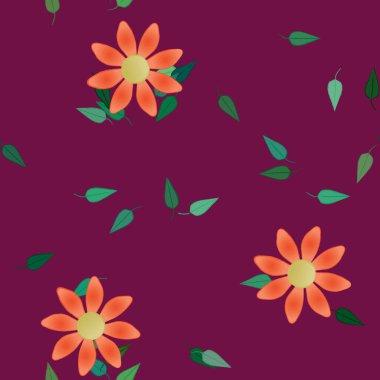 Basit renkli çiçeklerle kusursuz desen ve duvar kağıdı için yeşil yapraklar, vektör illüstrasyonu