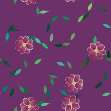Basit renkli çiçeklerle kusursuz desen ve duvar kağıdı için yeşil yapraklar, vektör illüstrasyonu