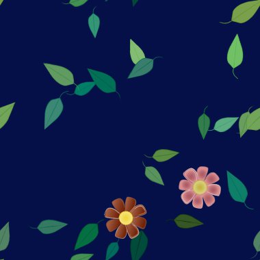 Basit renkli çiçeklerle kusursuz desen ve duvar kağıdı için yeşil yapraklar, vektör illüstrasyonu