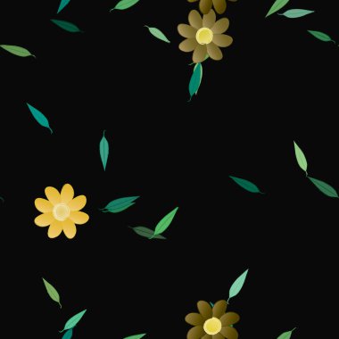 basit renkli çiçekleri olan serbest kompozisyon ve duvar kağıdı için yeşil yapraklar, vektör illüstrasyonu