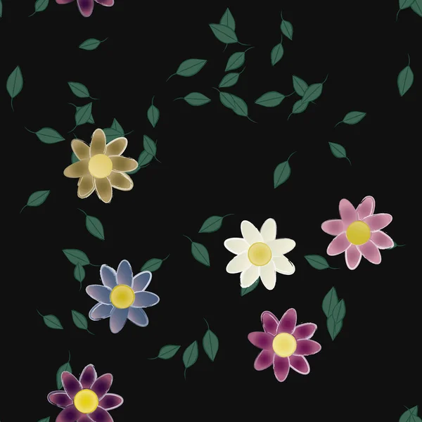 Motif Sans Couture Avec Des Fleurs Colorées Simples Feuilles Vertes — Image vectorielle