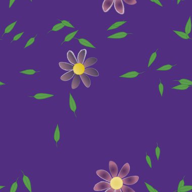 Basit renkli çiçeklerle kusursuz desen ve duvar kağıdı için yeşil yapraklar, vektör illüstrasyonu