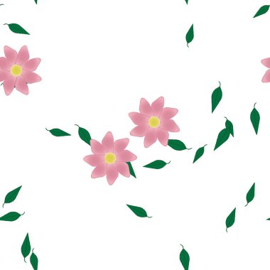 Basit renkli çiçeklerle kusursuz desen ve duvar kağıdı için yeşil yapraklar, vektör illüstrasyonu