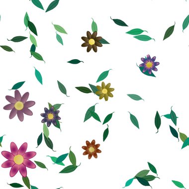 Basit renkli çiçeklerle kusursuz desen ve duvar kağıdı için yeşil yapraklar, vektör illüstrasyonu
