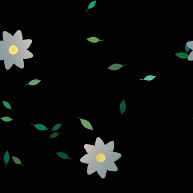 Basit renkli çiçeklerle kusursuz desen ve duvar kağıdı için yeşil yapraklar, vektör illüstrasyonu