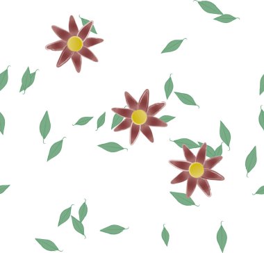 Basit renkli çiçeklerle kusursuz desen ve duvar kağıdı için yeşil yapraklar, vektör illüstrasyonu