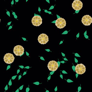 Basit renkli çiçeklerle kusursuz desen ve duvar kağıdı için yeşil yapraklar, vektör illüstrasyonu