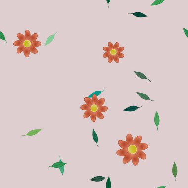 Basit renkli çiçeklerle kusursuz desen ve duvar kağıdı için yeşil yapraklar, vektör illüstrasyonu