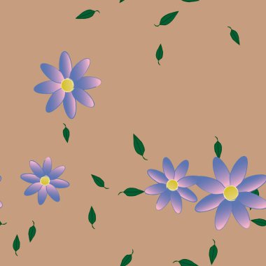 Basit renkli çiçeklerle kusursuz desen ve duvar kağıdı için yeşil yapraklar, vektör illüstrasyonu