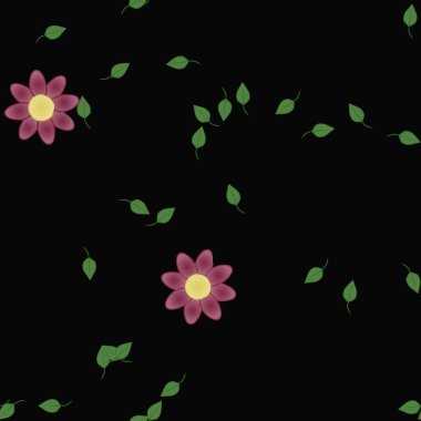 Basit renkli çiçeklerle kusursuz desen ve duvar kağıdı için yeşil yapraklar, vektör illüstrasyonu