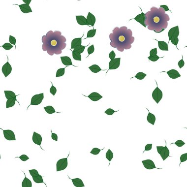 Basit renkli çiçeklerle kusursuz desen ve duvar kağıdı için yeşil yapraklar, vektör illüstrasyonu