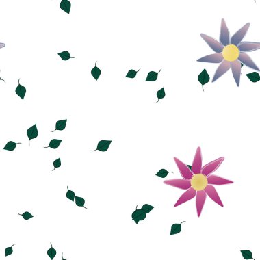 Basit renkli çiçeklerle kusursuz desen ve duvar kağıdı için yeşil yapraklar, vektör illüstrasyonu