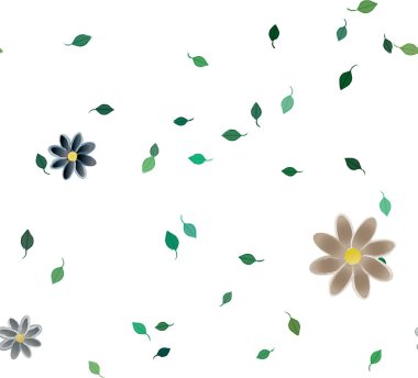 Basit renkli çiçeklerle kusursuz desen ve duvar kağıdı için yeşil yapraklar, vektör illüstrasyonu