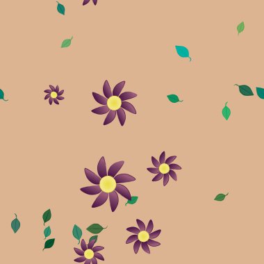 Basit renkli çiçeklerle kusursuz desen ve duvar kağıdı için yeşil yapraklar, vektör illüstrasyonu