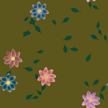 Basit renkli çiçeklerle kusursuz desen ve duvar kağıdı için yeşil yapraklar, vektör illüstrasyonu