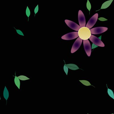 Basit renkli çiçeklerle kusursuz desen ve duvar kağıdı için yeşil yapraklar, vektör illüstrasyonu