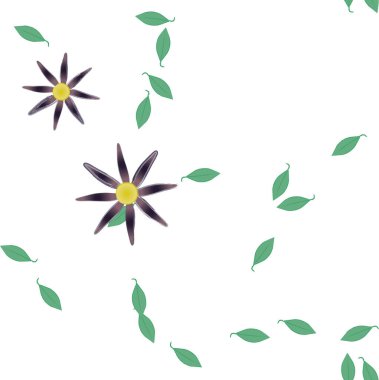 Basit renkli çiçeklerle kusursuz desen ve duvar kağıdı için yeşil yapraklar, vektör illüstrasyonu