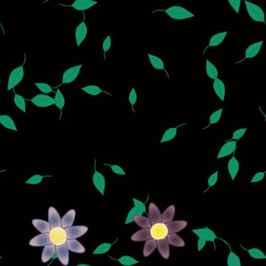 Basit renkli çiçeklerle kusursuz desen ve duvar kağıdı için yeşil yapraklar, vektör illüstrasyonu