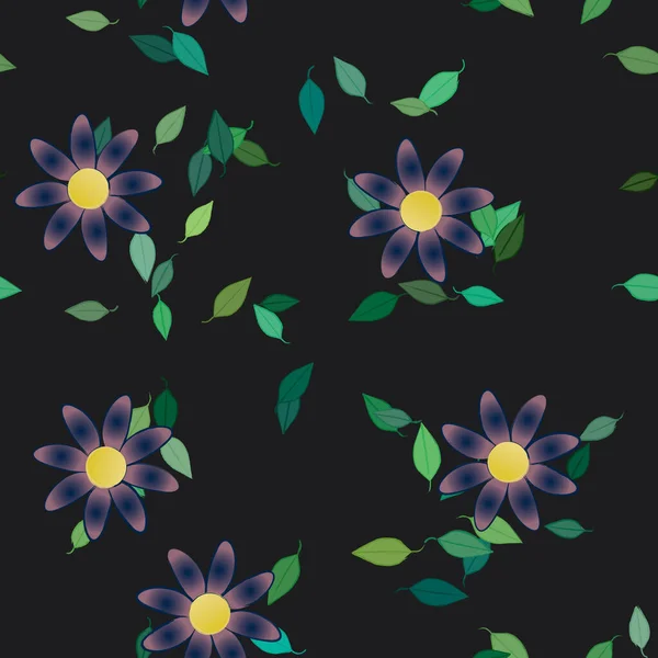 Motif Sans Couture Avec Des Fleurs Colorées Simples Feuilles Vertes — Image vectorielle