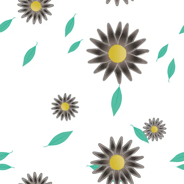 Seamless Pattern Simple Colorful Flowers Green Leaves Wallpaper Vector Illustration — Stock Vector