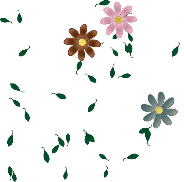 Seamless Pattern Simple Colorful Flowers Green Leaves Wallpaper Vector Illustration — Stock Vector