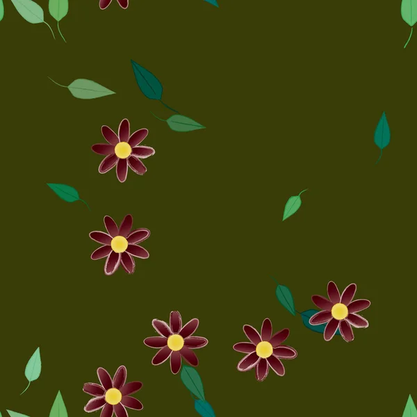 Motif Sans Couture Avec Des Fleurs Colorées Simples Feuilles Vertes — Image vectorielle