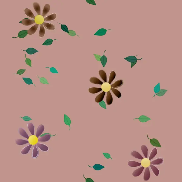 Seamless Pattern Simple Colorful Flowers Green Leaves Wallpaper Vector Illustration — Stock Vector