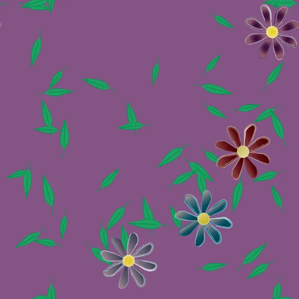 Motif Sans Couture Avec Des Fleurs Colorées Simples Feuilles Vertes — Image vectorielle