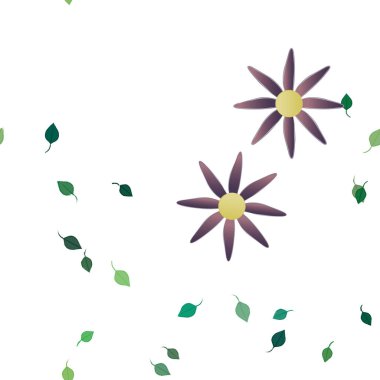 Basit renkli çiçeklerle kusursuz desen ve duvar kağıdı için yeşil yapraklar, vektör illüstrasyonu