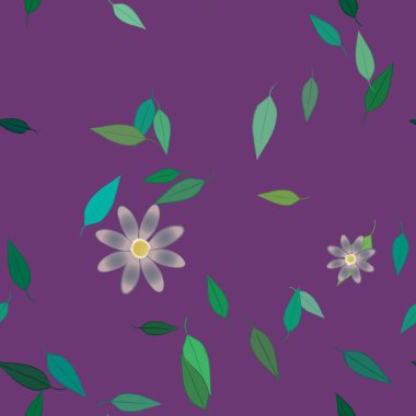 Basit renkli çiçeklerle kusursuz desen ve duvar kağıdı için yeşil yapraklar, vektör illüstrasyonu