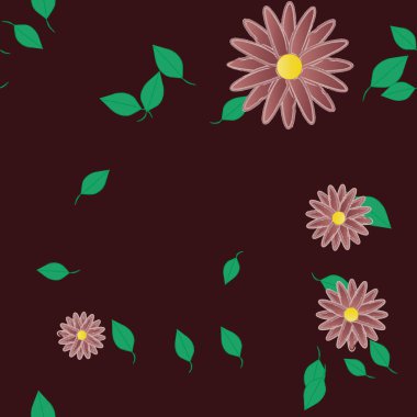 Basit renkli çiçeklerle kusursuz desen ve duvar kağıdı için yeşil yapraklar, vektör illüstrasyonu