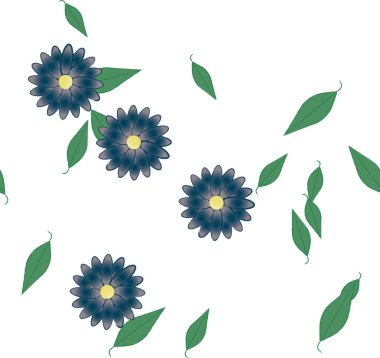 Basit renkli çiçeklerle kusursuz desen ve duvar kağıdı için yeşil yapraklar, vektör illüstrasyonu