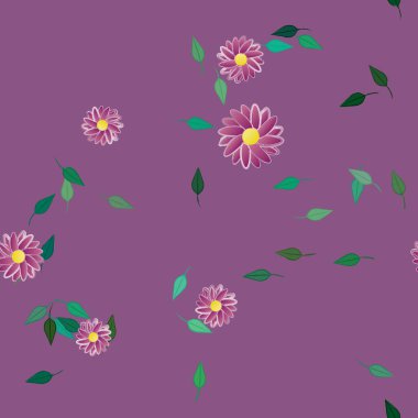 Basit renkli çiçeklerle kusursuz desen ve duvar kağıdı için yeşil yapraklar, vektör illüstrasyonu