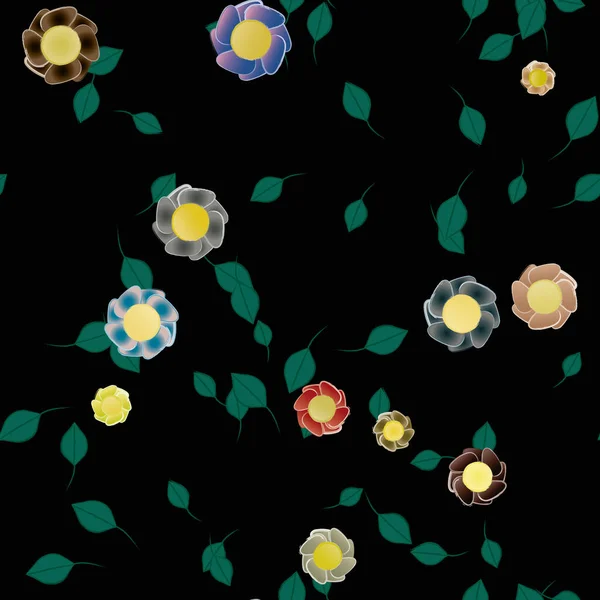 Sömlös Mönster Med Enkla Färgglada Blommor Och Gröna Blad För — Stock vektor