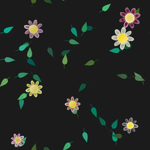 Seamless Pattern Simple Colorful Flowers Green Leaves Wallpaper Vector Illustration — Stock Vector