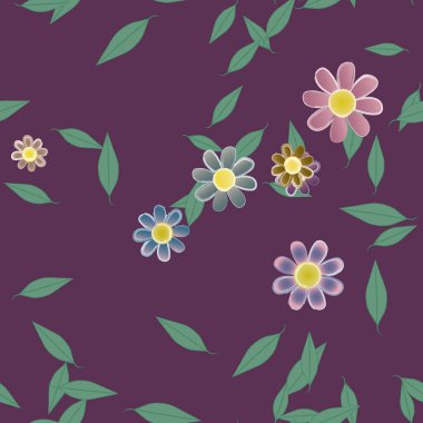 Basit çiçek ve yeşil yapraklı tasarım kompozisyonu, vektör illüstrasyonu