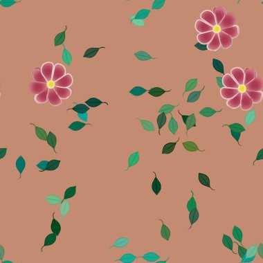 Basit çiçek ve yeşil yapraklı tasarım kompozisyonu, vektör illüstrasyonu