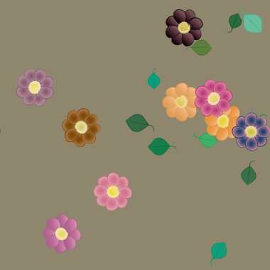 Basit çiçek ve yeşil yapraklı tasarım kompozisyonu, vektör illüstrasyonu