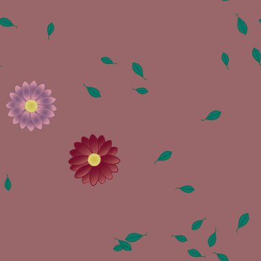 Basit çiçek ve yeşil yapraklı tasarım kompozisyonu, vektör illüstrasyonu