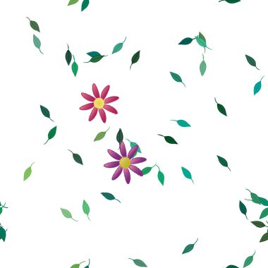 Basit çiçek ve yeşil yapraklı tasarım kompozisyonu, vektör illüstrasyonu