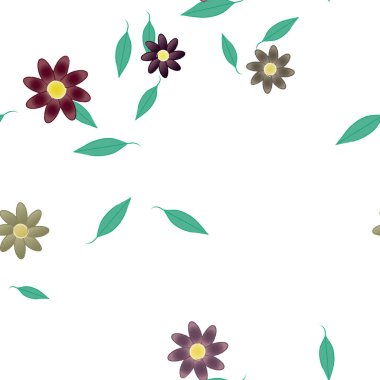 Basit çiçek ve yeşil yapraklı tasarım kompozisyonu, vektör illüstrasyonu