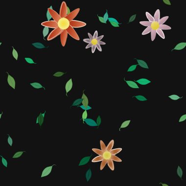 Basit çiçek ve yeşil yapraklı tasarım kompozisyonu, vektör illüstrasyonu