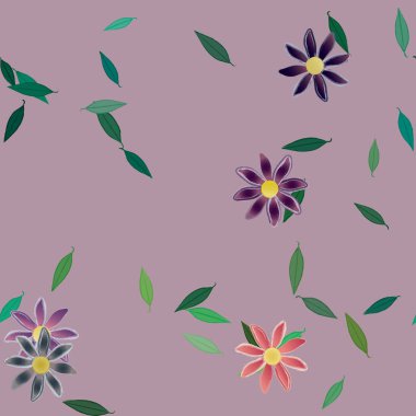 Basit çiçek ve yeşil yapraklı tasarım kompozisyonu, vektör illüstrasyonu