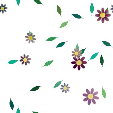 Basit renkli çiçekleri ve yeşil yaprakları olan güzel kompozisyon, vektör illüstrasyonu  