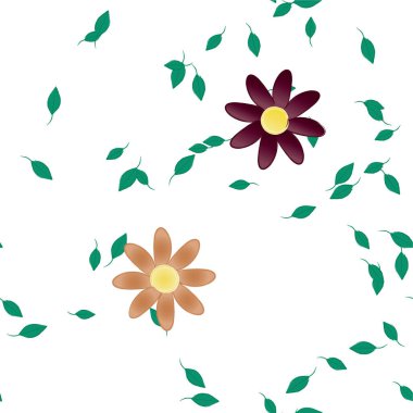 Basit renkli çiçekleri ve yeşil yaprakları olan güzel kompozisyon, vektör illüstrasyonu  