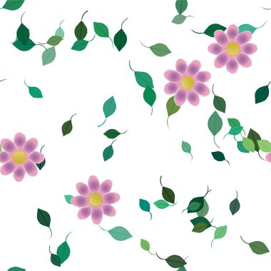 Basit renkli çiçekleri ve yeşil yaprakları olan güzel kompozisyon, vektör illüstrasyonu  