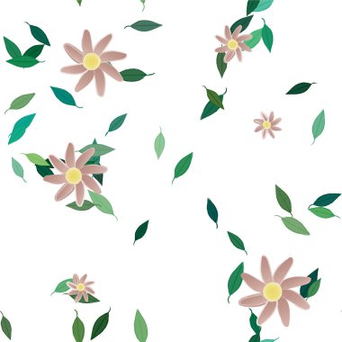 Basit renkli çiçekleri ve yeşil yaprakları olan güzel kompozisyon, vektör illüstrasyonu  