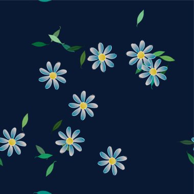 Basit renkli çiçekleri ve yeşil yaprakları olan güzel kompozisyon, vektör illüstrasyonu  